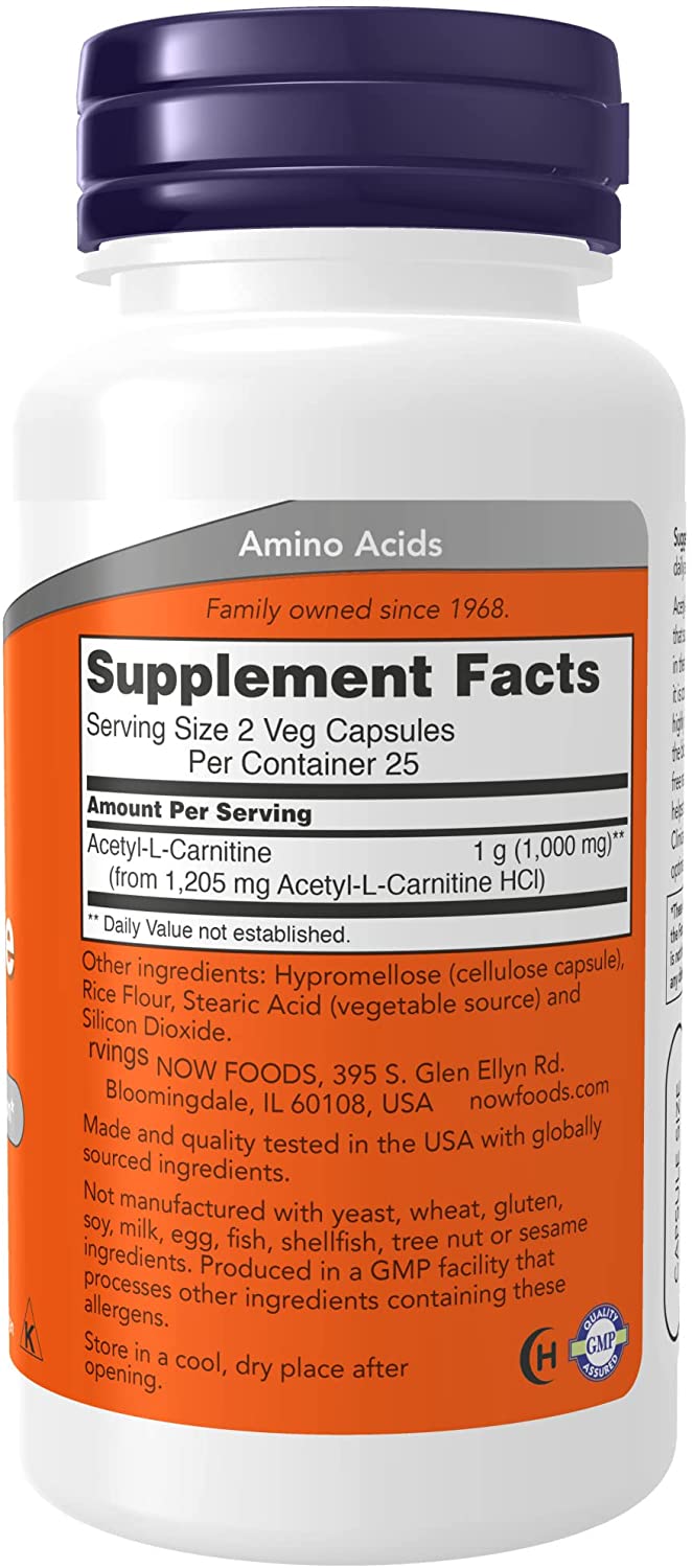 NOW Foods Supplements, Acetyl-L Carnitine 500 mg, Amino Acid, Brain And Nerve Cell Function*, 50 Veg Capsules