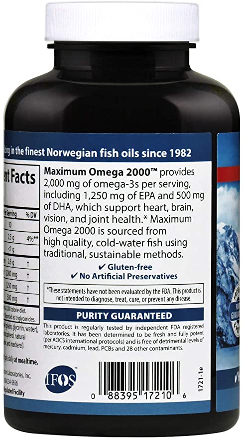 Carlson - Maximum Omega 2000, 2000 mg Omega-3s, Healthy Heart, Brain Function &amp; Vision Support, Lemon, 90 soft gels