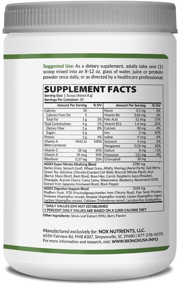 Bionox, Great Tasting Green Food Powder, Raw Greens Superfood Mix, Great Clean Taste, Keto Diet Friendly No Sugar, All Natural, Alkalinity and Nitric Oxide Booster, 1 Month Supply, 30 Scoop