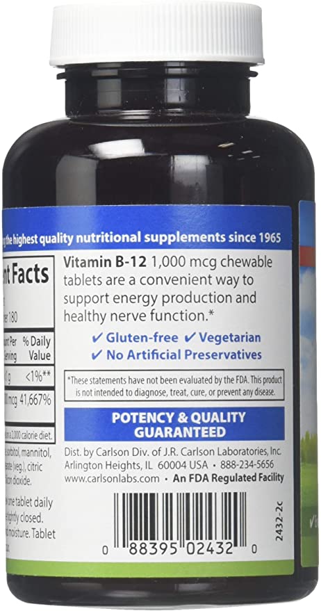 Carlson Labs B-12-SL, 1000mcg, 180 Chewable Tablets