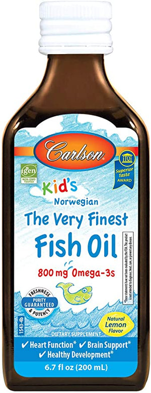 Carlson Kids Norwegian Fish Oil Dietary Supplement Natural Lemon, 800 mg, 6.7 fl oz