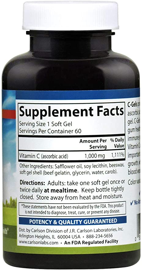 Carlson - C-Gel, 1000 mg Vitamin C, Immune Support &amp; Tissue Health, Antioxidant, 60 Soft gels