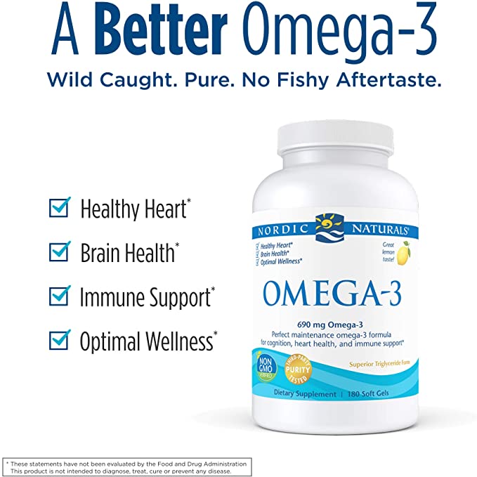 Nordic Naturals Omega-3, Lemon Flavor - 180 Soft Gels - 690 mg Omega-3 - Fish Oil - EPA &amp; DHA - Immune Support, Brain &amp; Heart Health, Optimal Wellness - Non-GMO - 90 Servings