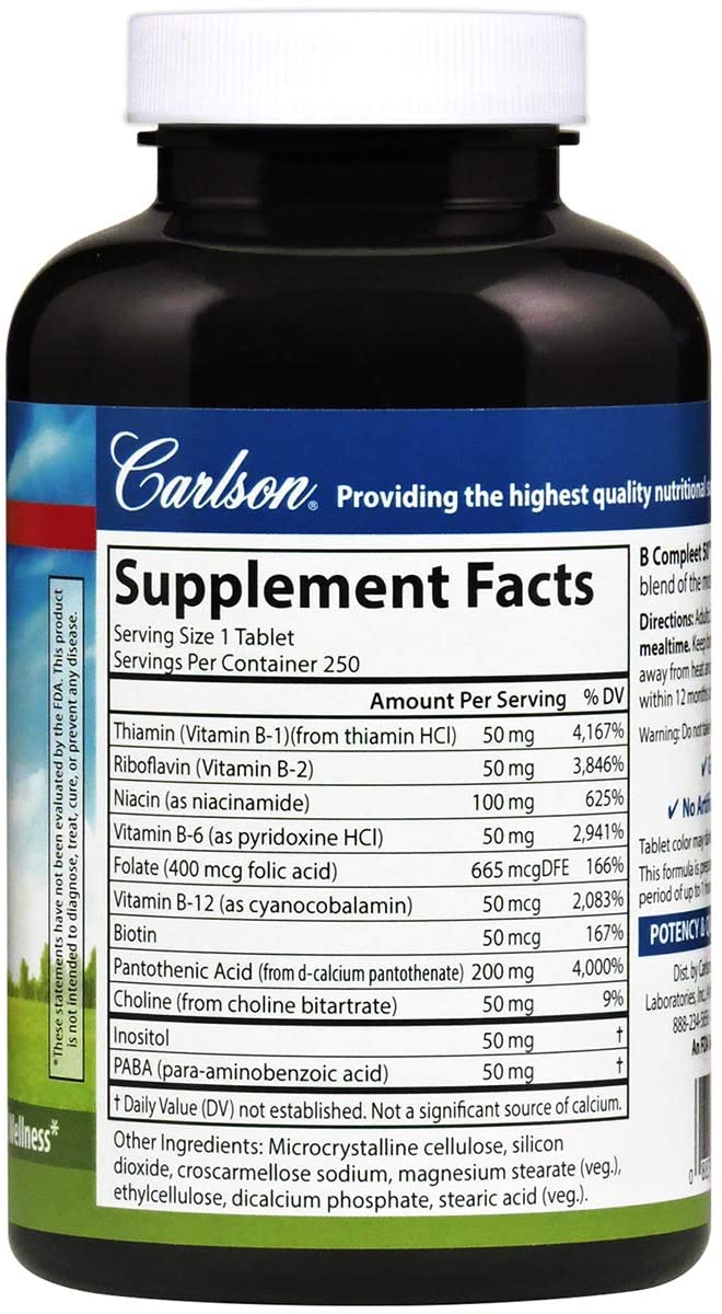Carlson - B Compleet 50, Balanced Vitamin B Complex, Energy Production, Cellular Support & Optimal Wellness, 250 Tablets