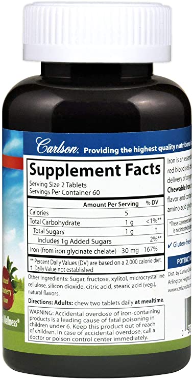 Carlson - Chewable Iron, 30 mg, Superior Absorption, Blood Health, Energy Production &amp; Optimal Wellness, Chewable Iron Supplement for Women &amp; Men, Natural Strawberry Flavor, 120 Tablets