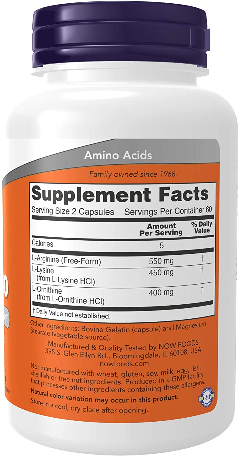 NOW Foods Supplements, Tri-Amino with L-Arginine, L-Ornithine, L-Lysine, Supports Protein Metabolism*, 120 Capsules