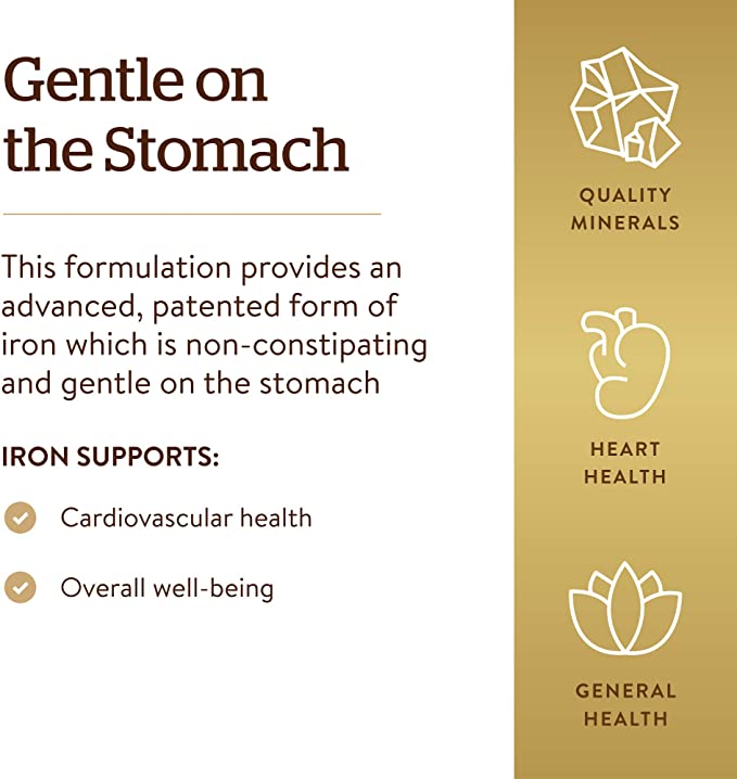 Solgar Gentle Iron, 180 Vegetable Capsules - Ideal for Sensitive Stomachs - Non-Constipating - Red Blood Cell Supplement - Non GMO, Vegan, Gluten-Free, Dairy Free, Kosher - 180 Servings