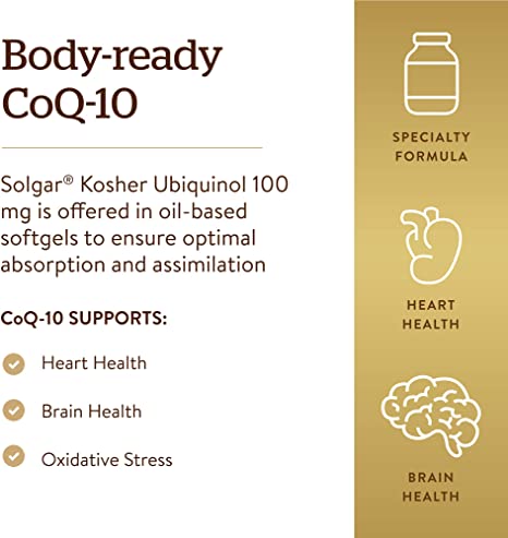 Solgar Kosher Ubiquinol 100mg, 60 Softgels - Advanced Antioxidant Support - Heart Health - Reduced Coenzyme Q10 (CoQ-10)
