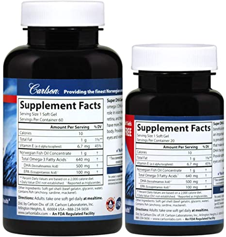 Carlson - Super DHA Gems, 500 mg DHA Supplements, 640 mg Fatty Acids, Wild-Caught Norwegian Arctic Fish Oil Concentrate, Sustainably Sourced Nordic Fish Oil Capsules, 60+20 Softgels