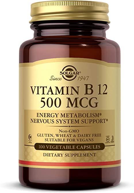 Solgar Vitamin B12 500 mcg - 100 Vegetable Capsules - Energy Metabolism &amp; Nervous System Support - Non-GMO, Vegan, Gluten &amp; Dairy Free, Kosher, Halal - 100 Servings