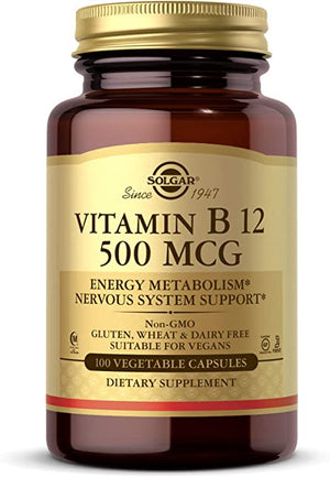 Solgar Vitamin B12 500 mcg - 100 Vegetable Capsules - Energy Metabolism & Nervous System Support - Non-GMO, Vegan, Gluten & Dairy Free, Kosher, Halal - 100 Servings