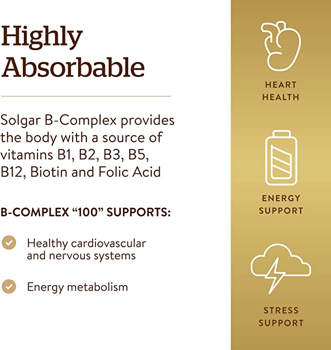 Solgar B-Complex &quot;100&quot;, 100 Vegetable Capsules - Nervous System Support - Supports Energy Metabolism - Non-GMO, Vegan, Gluten Free, Dairy Free, Kosher - 100 Servings