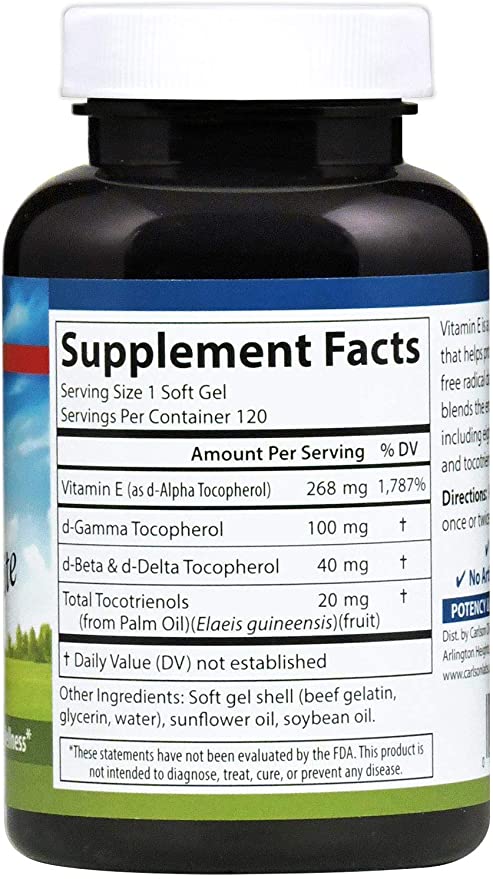 Carlson - E-Gems Elite, 400 IU (268 mg) Vitamin E with Tocopherols and Tocotrienols, Optimal Wellness, 120 Soft Gels
