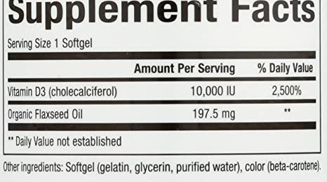 Natural Factors, Vitamin D3 10000 IU, Supports Strong Bones, Teeth, and Muscle and Immune Function with Flaxseed Oil, 120 softgels (120 Servings)
