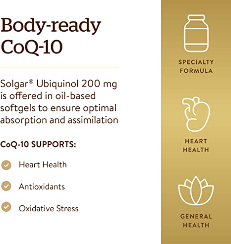 Solgar Ubiquinol 200 mg (Reduced CoQ-10), 30 Softgels - Promotes Heart &amp; Brain Function - Supports Healthy Aging - Coenzyme Q10 - Ubiquinone Supplement - Gluten Free, Dairy Free - 30 Servings , Unflavoured, standard