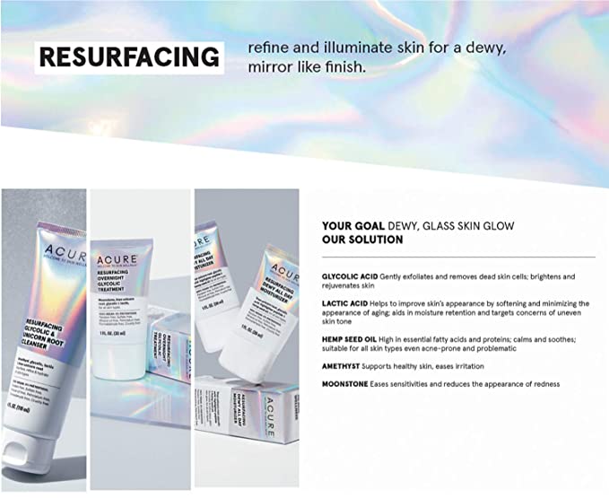 ACURE Resurfacing Overnight Glycolic Treatment - Night Dewy Glow Cream with Moonstone,True Unicorn Root, Glycolic &amp; Lactic Acid Formula - Refines, Resurfaces and Improves Skin Tone &amp; Texture - 1 Fl Oz