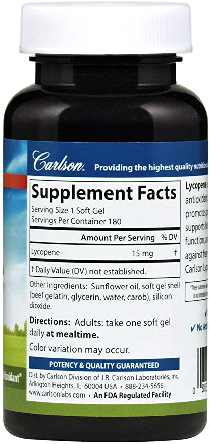 Carlson - Lycopene, 15 mg, Tomato-Free, Prostate Health &amp; Circulation Support, Optimal Wellness, 180 Softgels