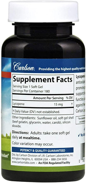 Carlson - Lycopene, 15 mg, Tomato-Free, Prostate Health & Cardiovascular Support, Optimal Wellness, 180 Softgels