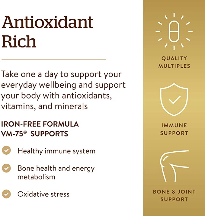 Solgar Iron-Free Formula VM-75, 180 Tablets - Multivitamin with Chelated Minerals - Vitamin A, B6, B12, C, D, E - Biotin, Magnesium, Calcium, Zinc - Vegan, Gluten &amp; Dairy Free, Kosher - 180 Servings