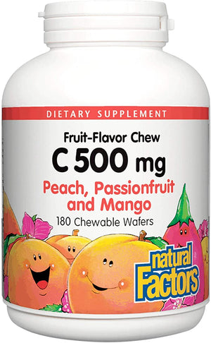 Natural Factors 100% Natural Fruit Chew C Peach Passionfruit and Mango, 500 mg, 180 Chewable Wafers