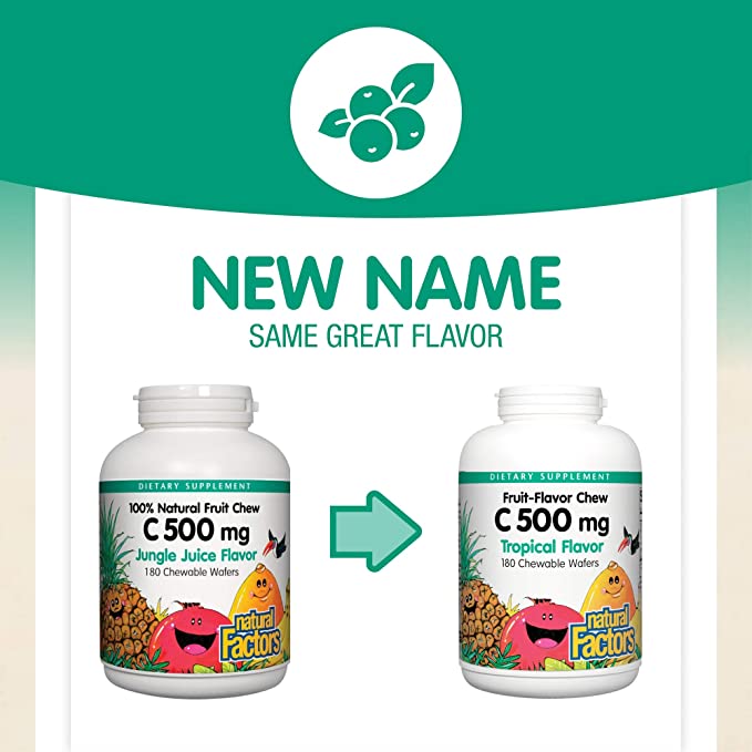 Natural Factors 100% Natural Fruit Chew C Jungle Juice, 500 mg, 180 Chewable Wafers