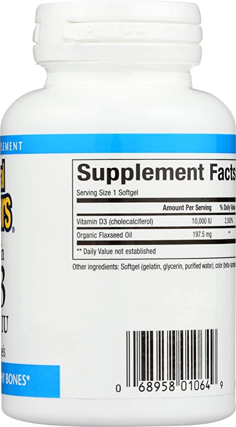 Natural Factors, Vitamin D3 10000 IU, Supports Strong Bones, Teeth, and Muscle and Immune Function with Flaxseed Oil, 120 softgels (120 Servings)