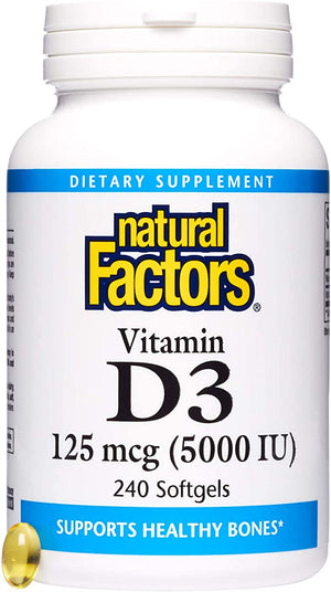 Natural Factors, Vitamin D3 5000 IU, Supports Strong Bones, Teeth, and Muscle and Immune Function with Flaxseed Oil, 240 softgels (240 servings)