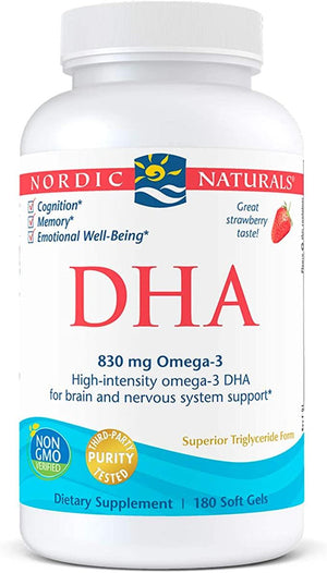 Nordic Naturals DHA, Strawberry - 180 Soft Gels - 830 mg Omega-3 - High-Intensity DHA Formula for Brain & Nervous System Support - Non-GMO - 90 Servings - Discount Nutrition Store