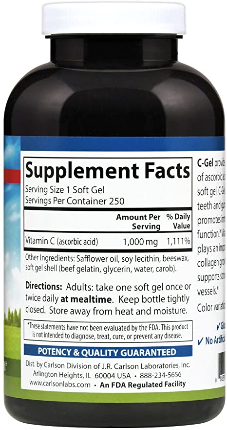 Carlson - C-Gels, 1000mg, Vitamin C Softgels, Immune Support &amp; Heart Health, Vitamin C Softgels, Antioxidant, Vitamin C Supplement, 250 Softgels