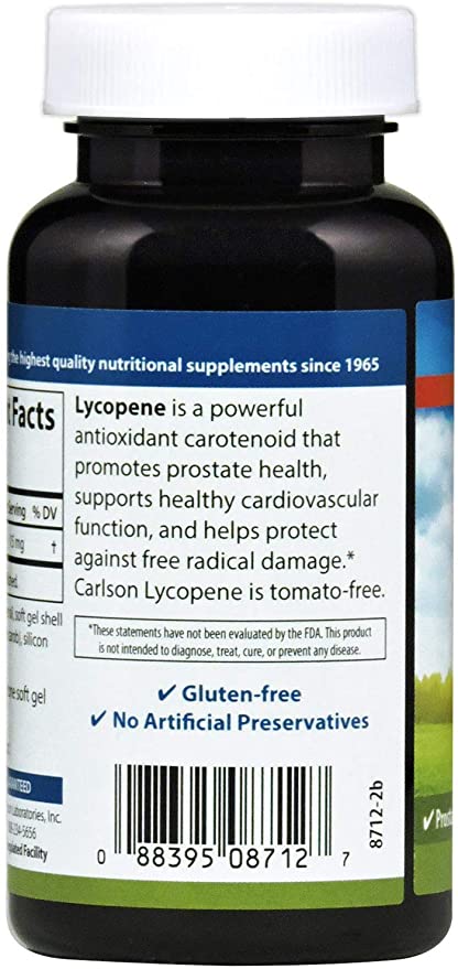 Carlson - Lycopene, 15 mg, Tomato-Free, Prostate Health &amp; Circulation Support, Optimal Wellness, 180 Softgels
