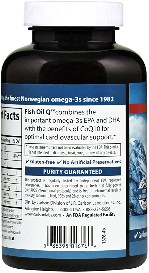 Carlson - Fish Oil Q, 1200 mg Omega-3s 200 mg CoQ10, Function, Energy Production & Circulatory Support, 120 Softgels