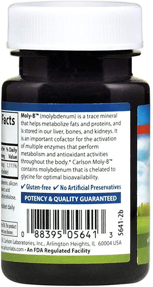 Carlson - Moly-B, Chelated Molybdenum, Metabolism Support, Enzyme Activation, 100 Vegetarian Tablets