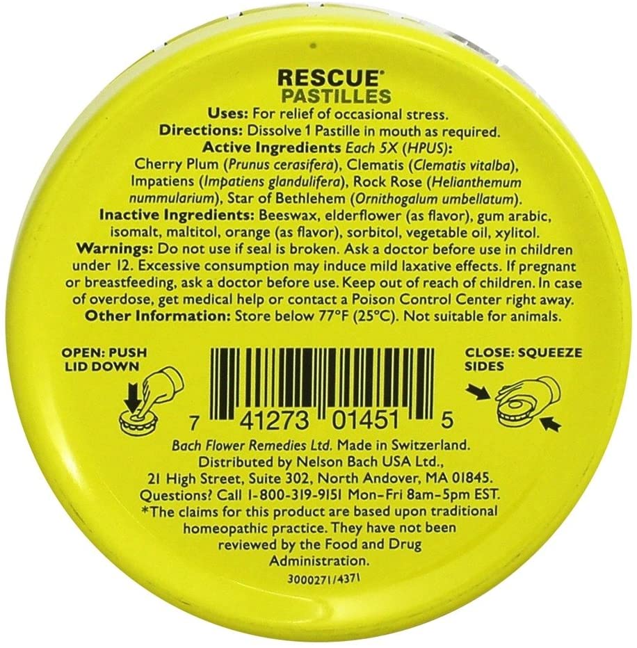Bach RESCUE PASTILLES, Orange and Elderflower Flavor, Natural Stress Relief Lozenges, Homeopathic Flower Essence, Vegetarian, Gluten &amp; Sugar-Free, Holiday Stocking Stuffer, 35 Count