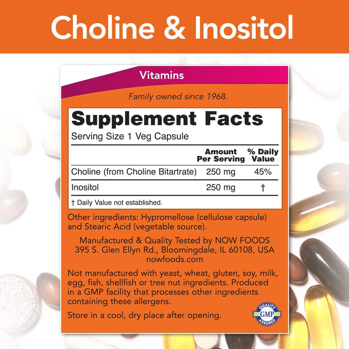 NOW Foods Supplements, Choline & Inositol 500 mg, Healthy Nerve Transmission*, Nervous System Health*, 100 Capsules