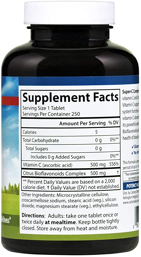 Carlson - Super-C Complex, Vitamin C + Bioflavonoids, Immune Function & Optimal Wellness, Antioxidant, 250 Vegetarian Tablets