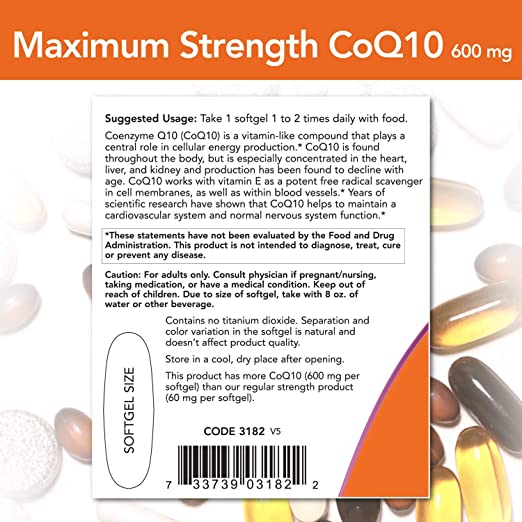 NOW Supplements, CoQ10 600 mg, Maximum Strength with Vitamin E &amp; Lecithin, 60 Softgels