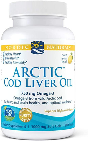 Nordic Naturals Arctic Cod Liver Oil, Lemon - 90 Soft Gels - 750 mg Total Omega-3s with EPA & DHA - Heart & Brain Health, Healthy Immunity, Overall Wellness - Non-GMO - 30 Servings - Discount Nutrition Store