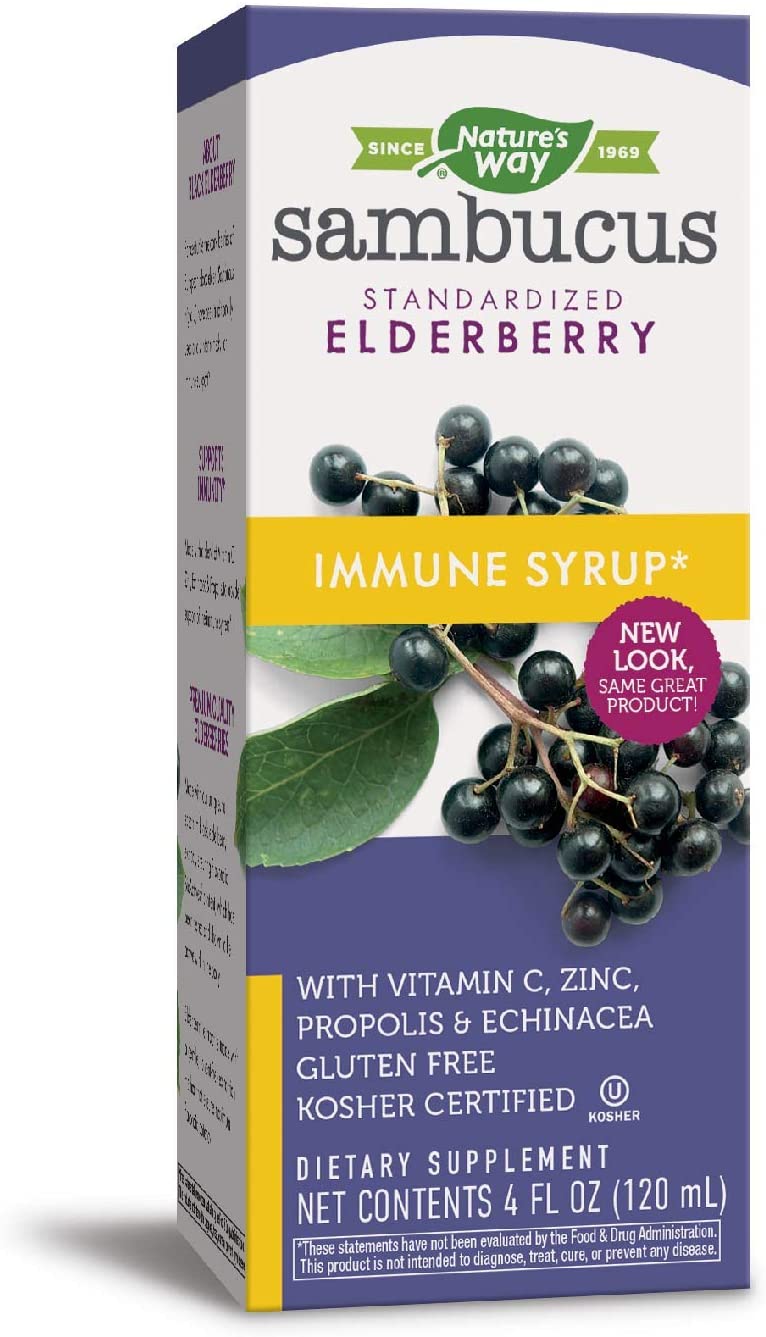 Nature&#39;s Way Sambucus Immune Syrup, Elderberry Extract, Vitamin C, Zinc, Echinacea, Propolis, Daily Immune Support*, Antioxidant Support*, Gluten free, Vegetarian, 8 Fl Oz