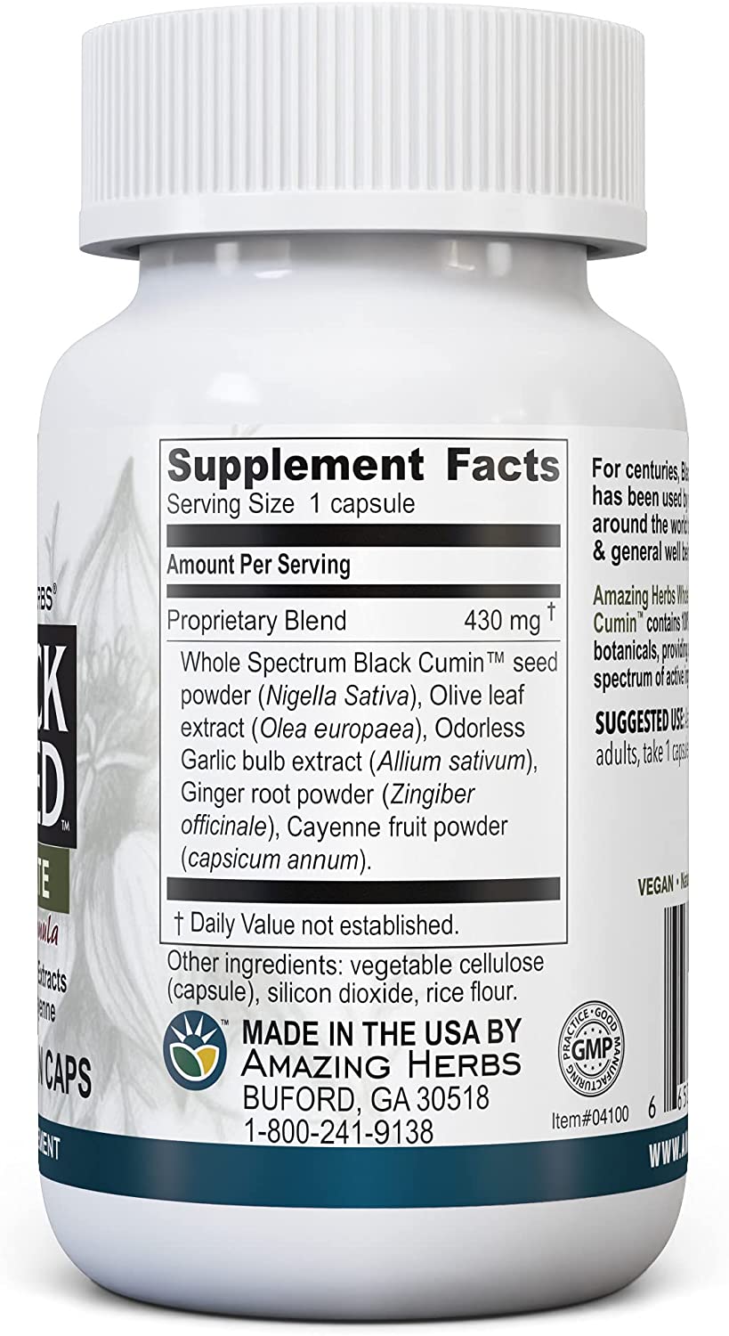 Amazing Herbs Whole Spectrum Black Seed Ultimate, Vegetarian Capsules - Olive Leaf & Garlic Extracts Plus Ginger & Cayenne, Gluten Free, Non GMO, Vegan - 100 Count