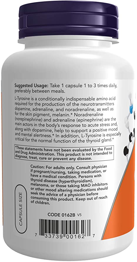 NOW Foods Supplements, L-Tyrosine 500 mg, Supports Mental Alertness*, Neurotransmitter Support*, 120 Capsules
