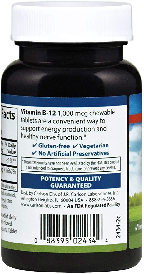 Carlson - Chewable B-12, 1000 mcg, Energy Production &amp; Nerve Function, Optimal Wellness, Lemon, 90 Tablets