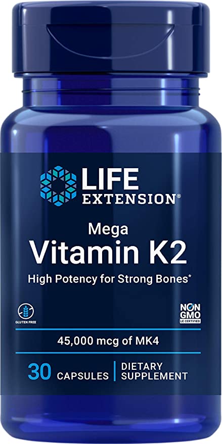 Life Extension Mega Vitamin K2 High Potency for Strong Bones, clinically Studied 45 mg K2 Dosage, Promotes Healthy Bone Density, Gluten-Free, Non-GMO, 30 Capsules