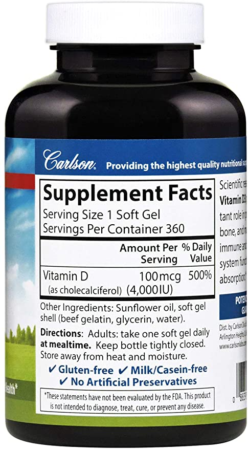 Carlson - Vitamin D3 4000 IU (100 mcg), Immune Support, Bone Health, Muscle Health, Cholecalciferol, Vitamin D Supplements, Vitamin D3 Soft Gels, 360 Softgels
