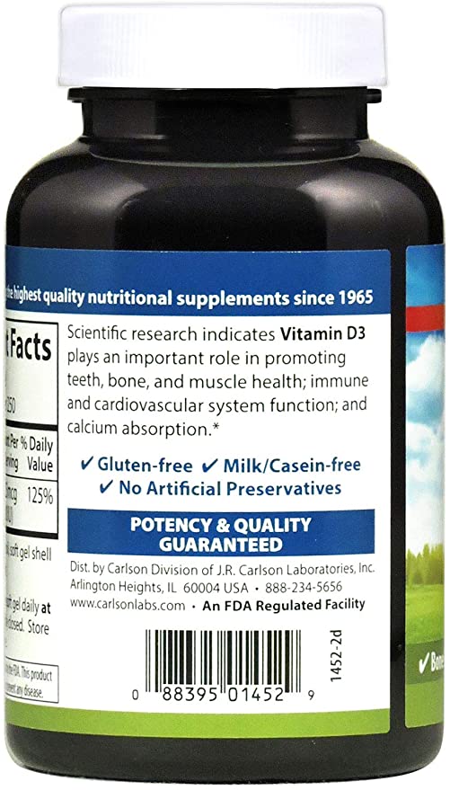 Carlson - Vitamin D3, 1000 IU (25 mcg), Bone Health, Muscle Health, Cholecalciferol, Vitamin D Supplements, Vitamin D3 Soft Gels, 250 Softgels