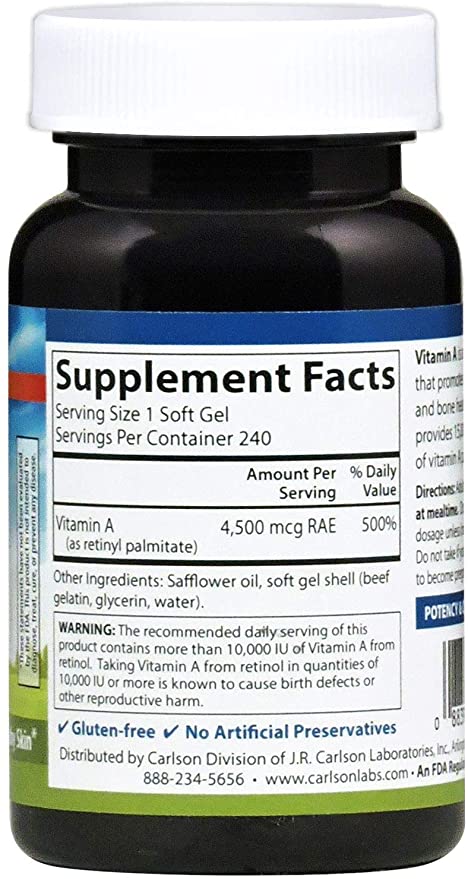 Carlson - Vitamin A, 15000 IU Palmitate (4500 mcg RAE), Vision Health &amp; Healthy Skin, Immune Function, 240 Softgels
