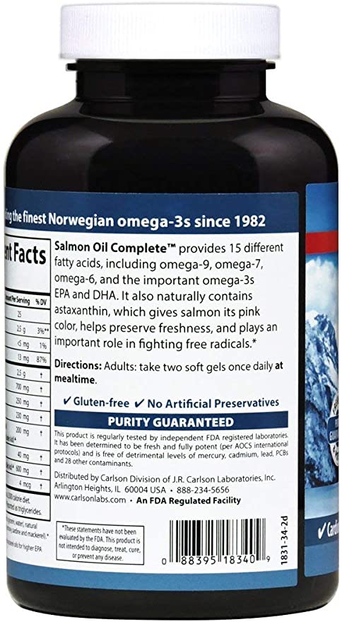 Carlson - Salmon Oil Complete, 700 mg Omega-3s + Astaxanthin, Norwegian, Heart, Brain & Joint Health, 120+60 Softgels