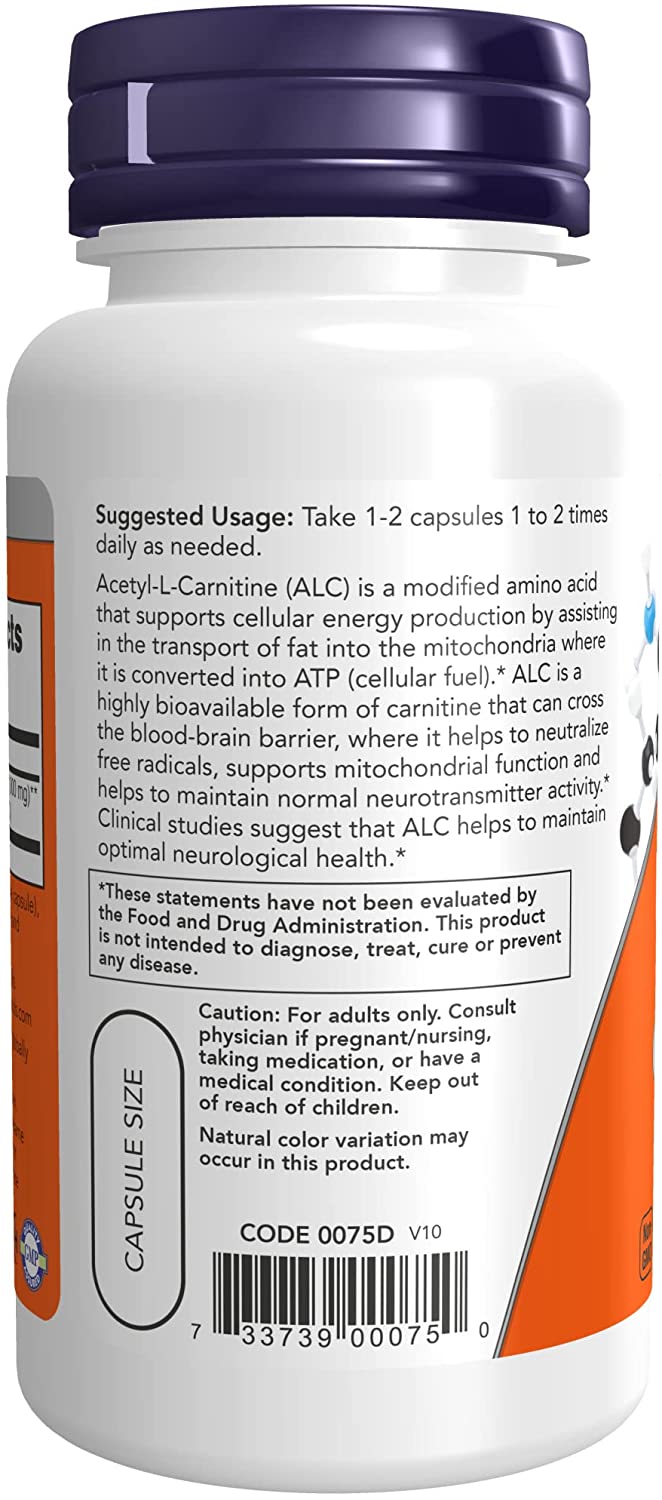 NOW Foods Supplements, Acetyl-L Carnitine 500 mg, Amino Acid, Brain And Nerve Cell Function*, 50 Veg Capsules