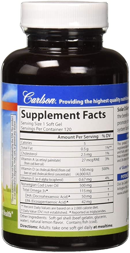 Carlson - Solar D Gems, Vitamin D3 and Omega-3 Supplement, 4000 IU (100 mcg) D3, 115 mg Omega-3 EPA and DHA, Vitamin D Fish Oil Capsule, Bone &amp; Immune Health, Vitamin D Supplement, Lemon, 120 Softgels
