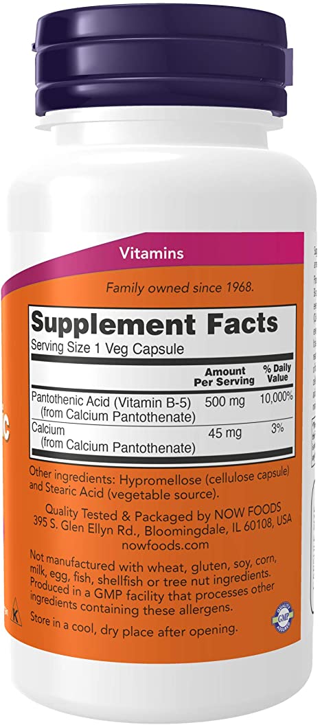 NOW Foods Supplements, Pantothenic Acid (Vitamin B-5) 500 mg, B-Complex Vitamin, 100 Capsules