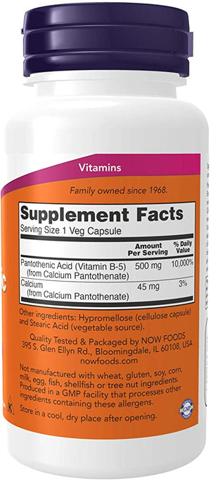 NOW Supplements, Pantothenic Acid (Vitamin B-5) 500 mg, B-Complex Vitamin, 100 Capsules